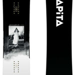 Capita - Super DOA Snowboard 2024 is shown in a black and white image, featuring a close-up of the top side with a logo at the center.