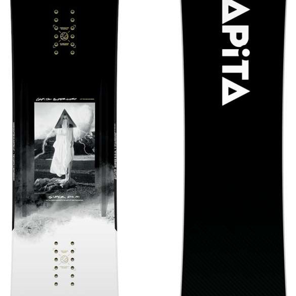 Capita - Super DOA Snowboard 2024 is shown in a black and white image, featuring a close-up of the top side with a logo at the center.