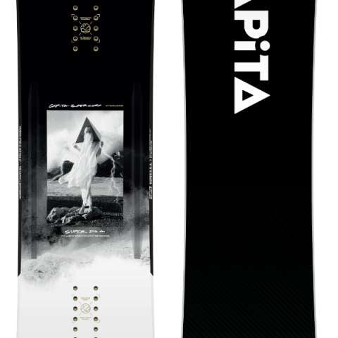 Capita Super DOA Snowboard 2024 - A black snowboard with a white logo and text on top of a gray background.