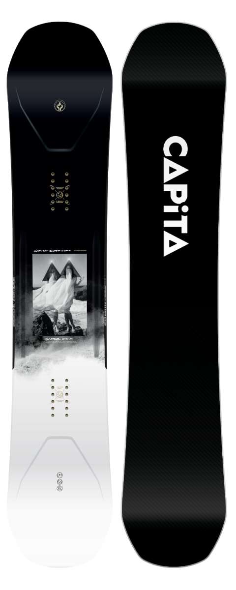 Capita - Super DOA Snowboard 2024 is shown in a black and white image, featuring a mountain graphic on its top side.