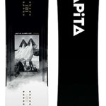 Capita - Super DOA Snowboard 2024 is shown in a black and white image, featuring a mountain graphic on its top side.