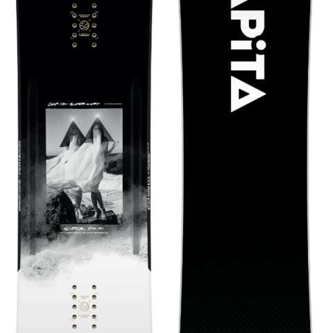 Capita - Super DOA Snowboard 2024 is shown in a black and white image, featuring a mountain graphic on its top side.