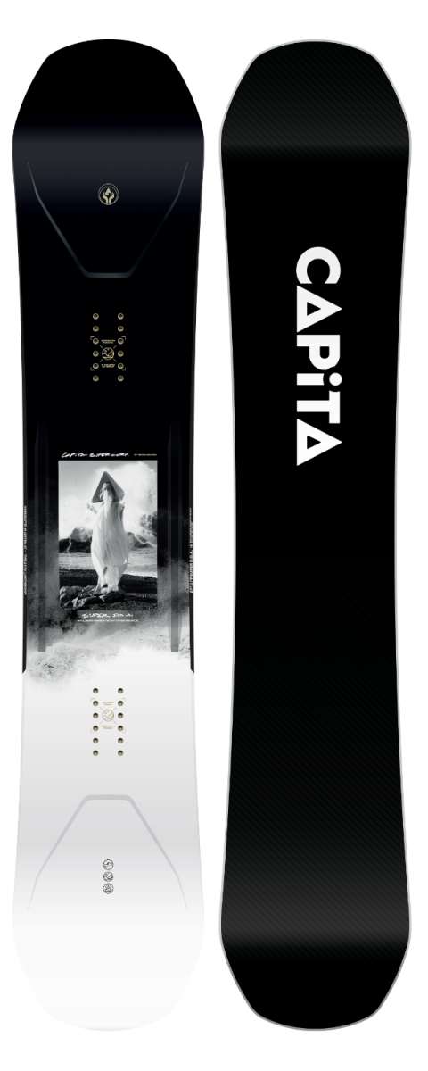 Capita Super DOA Snowboard 2024 - A black snowboard with a white logo and text on top of a gray background.