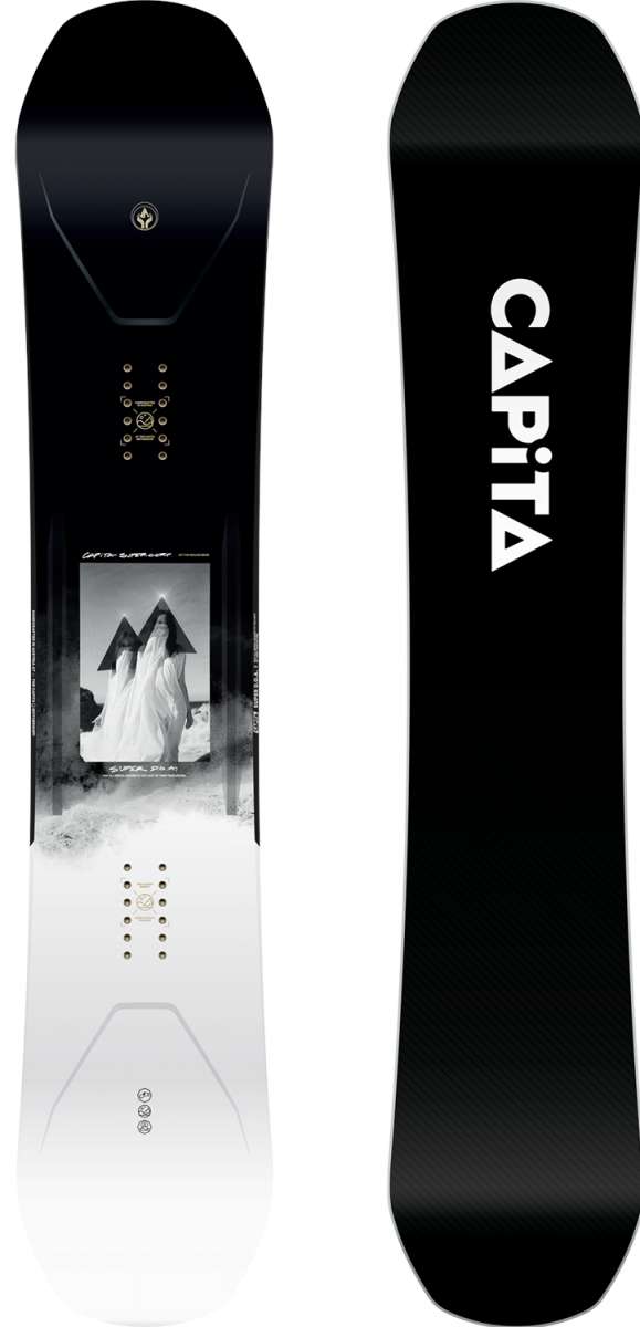 Capita Super DOA Snowboard 2024 - A black snowboard with a white logo and text on top, featuring a mountain graphic at the bottom.
