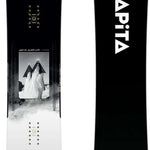 Capita Super DOA Snowboard 2024 - A black snowboard with a white logo and text on top, featuring a mountain graphic at the bottom.