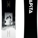 Capita Super DOA Snowboard 2024 - A black snowboard with a white logo and text on top, featuring a mountain graphic at the bottom.