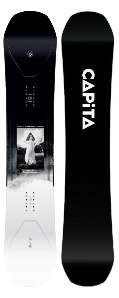 Capita Super DOA Snowboard 2024 - A black snowboard with a white logo and text on top of a gray background.