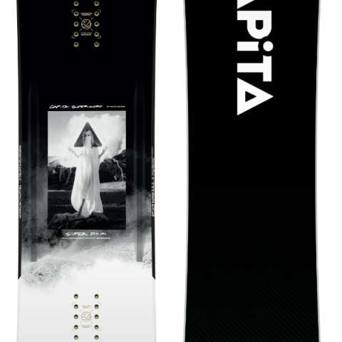 Capita Super DOA Snowboard 2024 - A black snowboard with a white logo and text on top of a gray background.