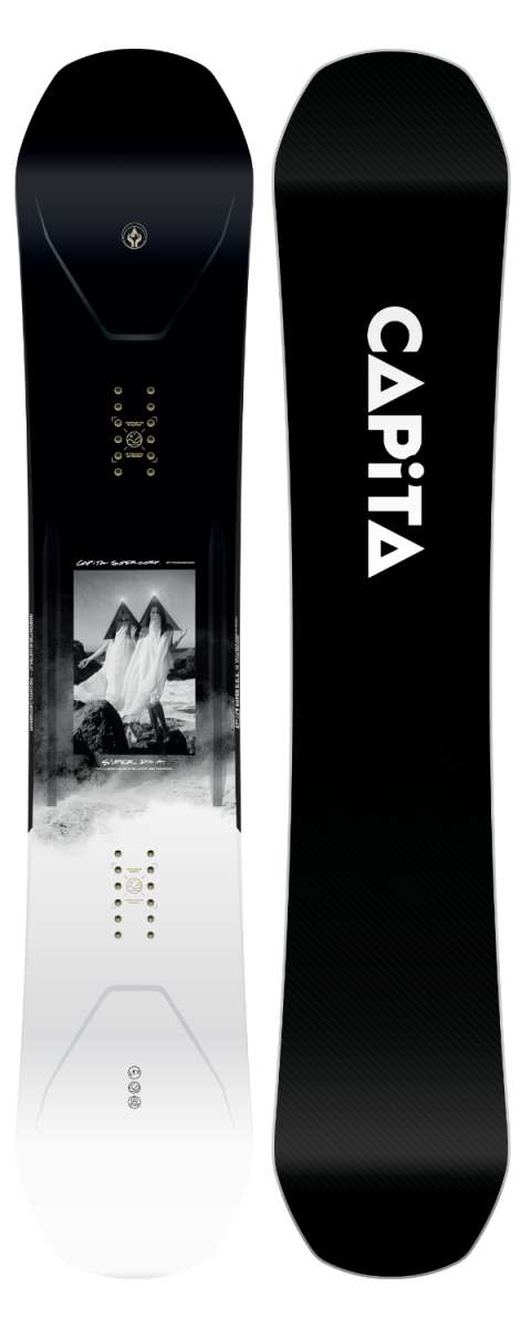 Capita Super DOA Snowboard 2024 - A black snowboard with a white logo and text on top of a gray background.