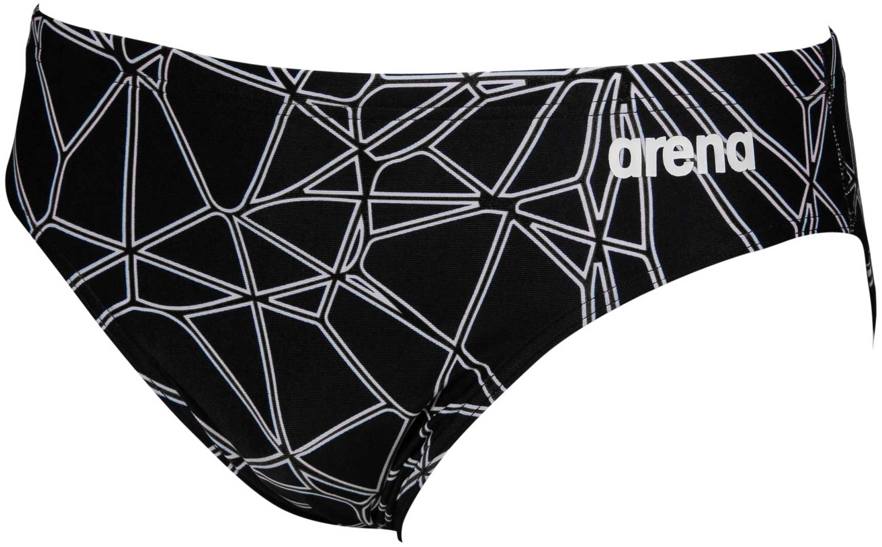 Arena Men's Carbonics Pro Brief Swimsuit - A black swimsuit with a geometric pattern of white lines and shapes.