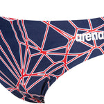 Arena Men's Carbonics Pro Brief Swimsuit - A navy blue swimsuit with a geometric pattern of red and white lines.