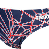 Arena Men's Carbonics Pro Brief Swimsuit - A navy blue swimsuit with a geometric pattern of red and white lines.