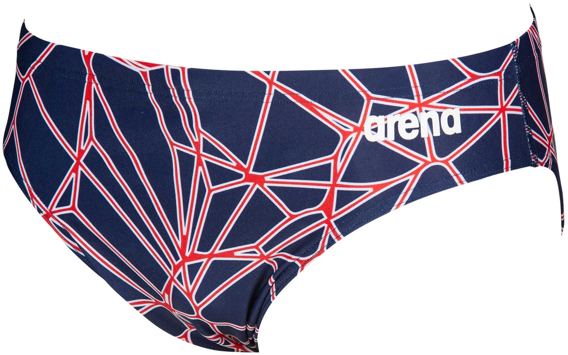 Arena Men's Carbonics Pro Brief Swimsuit - A navy blue swimsuit with a geometric pattern of red and white lines.
