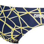 Arena Men's Carbonics Pro Brief Swimsuit - A navy blue swimsuit with a geometric pattern of yellow lines and white accents.