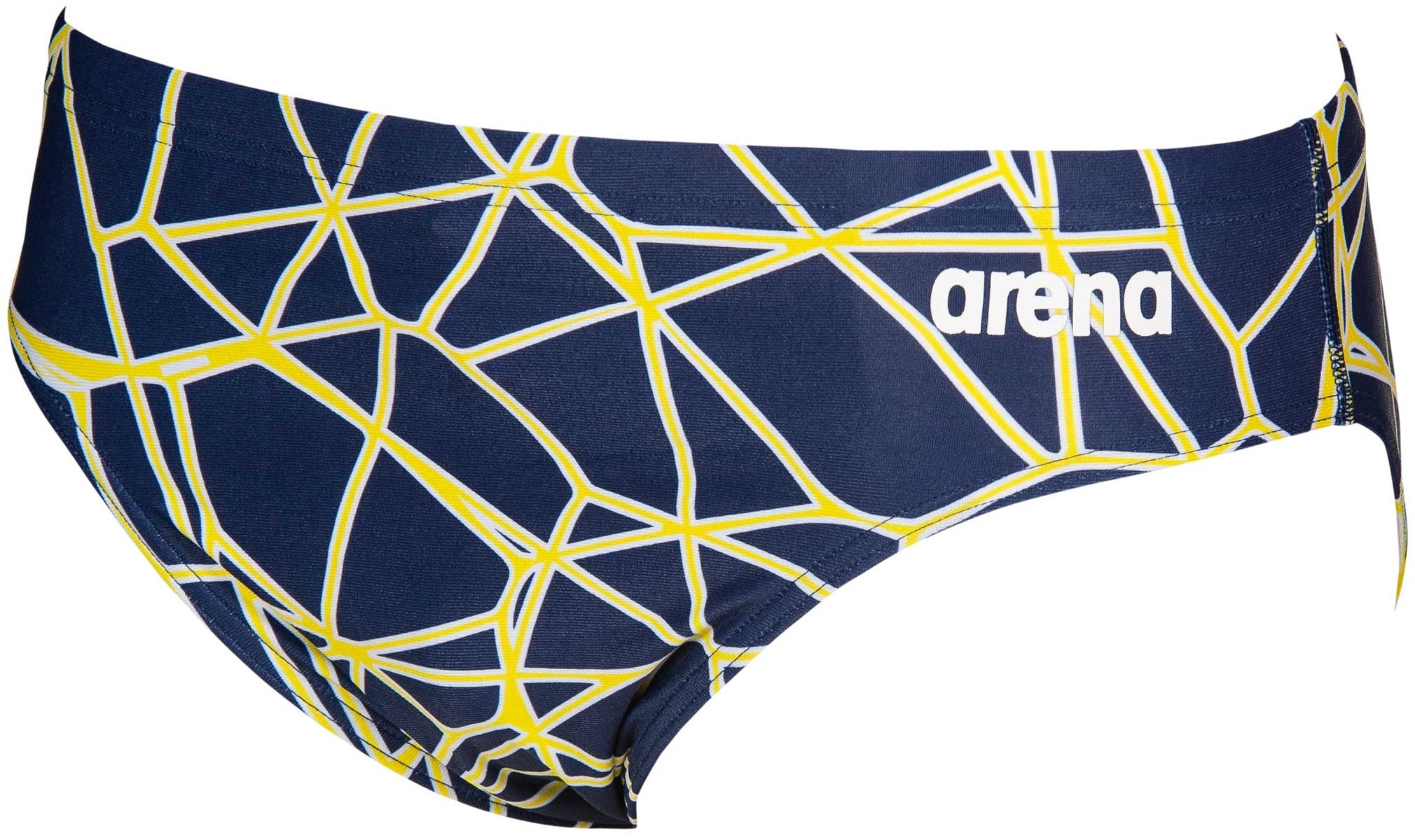 Arena Men's Carbonics Pro Brief Swimsuit - A navy blue swimsuit with a geometric pattern of yellow lines and white accents.