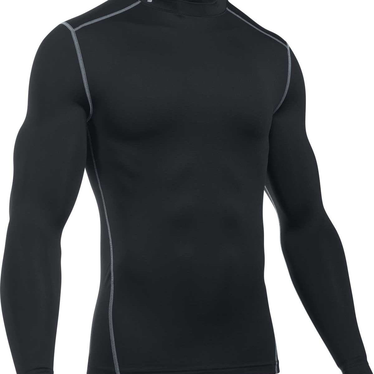 Under Armour Men's ColdGear Armour Compression Mock Neck Baselayer - A black long-sleeved shirt with a mock neck and compression fit, featuring reflective silver stripes on the shoulders.