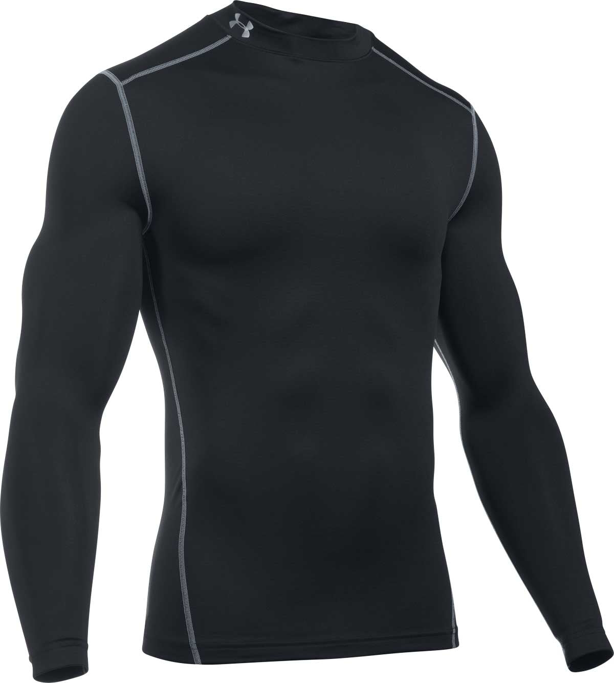 Under Armour Men's ColdGear Armour Compression Mock Neck Baselayer - A black long-sleeved shirt with a mock neck and compression fit, featuring reflective silver stripes on the shoulders.