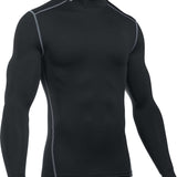Under Armour Men's ColdGear Armour Compression Mock Neck Baselayer - A black long-sleeved shirt with a mock neck and compression fit, featuring reflective silver stripes on the shoulders.