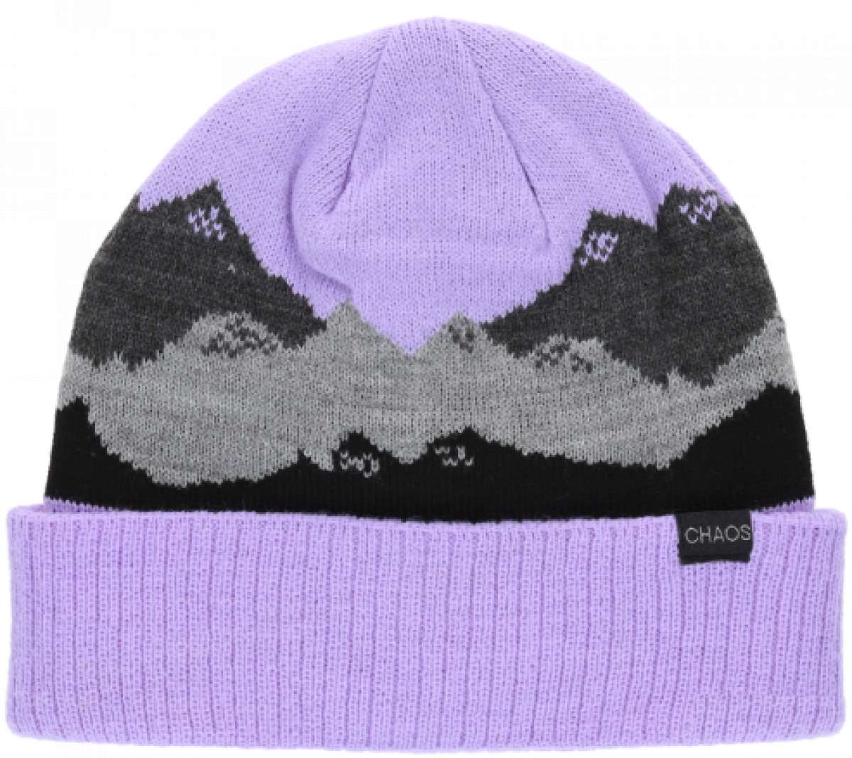 Chaos Kids Chute Cuffed Beanie 2024 - A lilac beanie with a black and grey mountain design on top.
