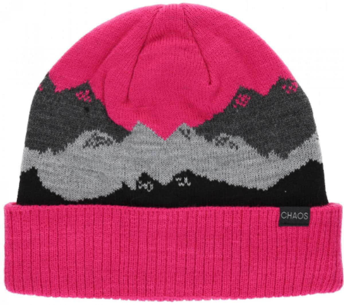 Chaos Kids Chute Cuffed Beanie 2024 - A pink beanie with a gray and white snowflake pattern on top.