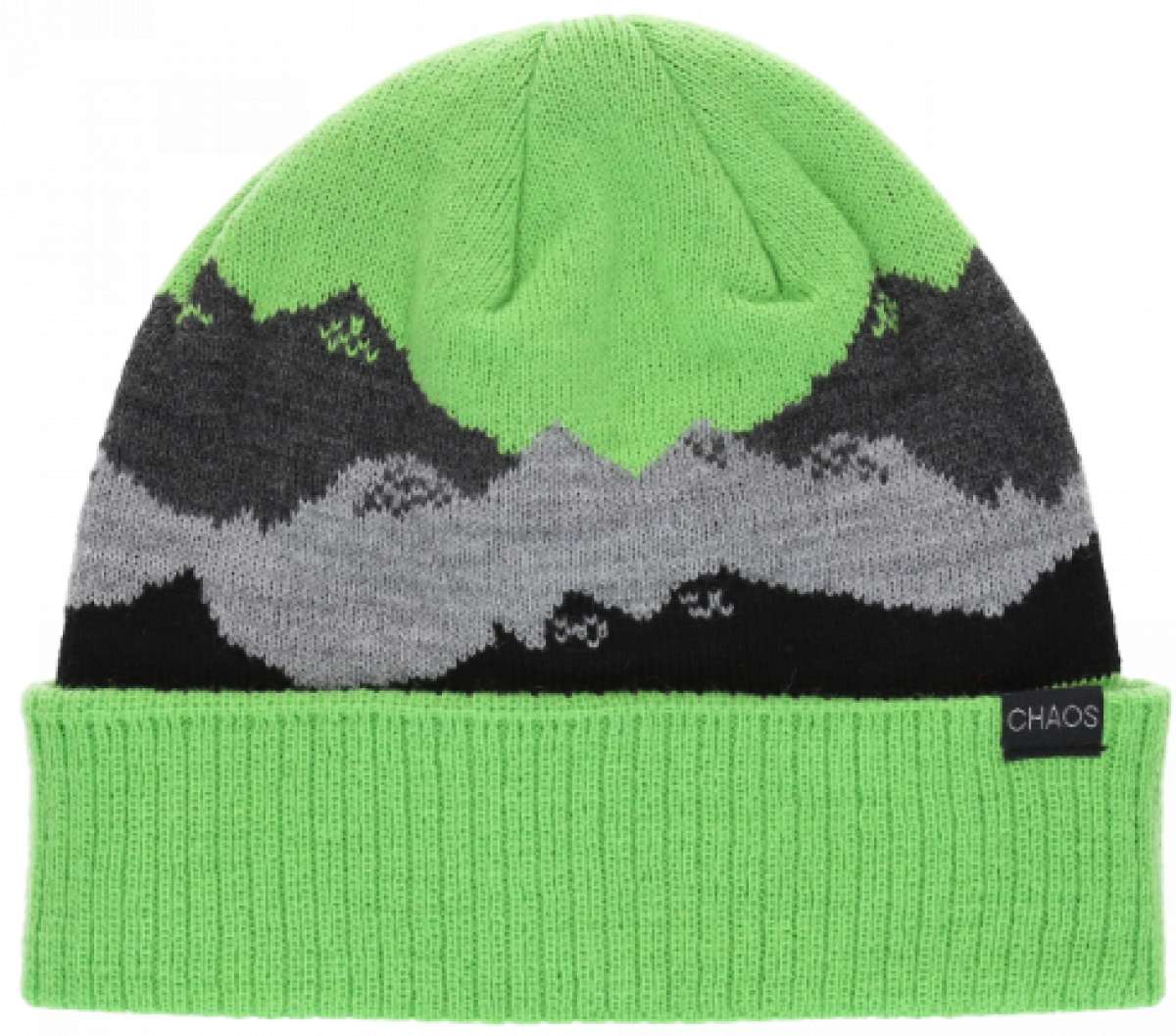 Chaos Kids Chute Cuffed Beanie 2024 - A lime green beanie with a gray and white mountain design on top.
