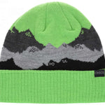 Chaos Kids Chute Cuffed Beanie 2024 - A lime green beanie with a gray and white mountain design on top.