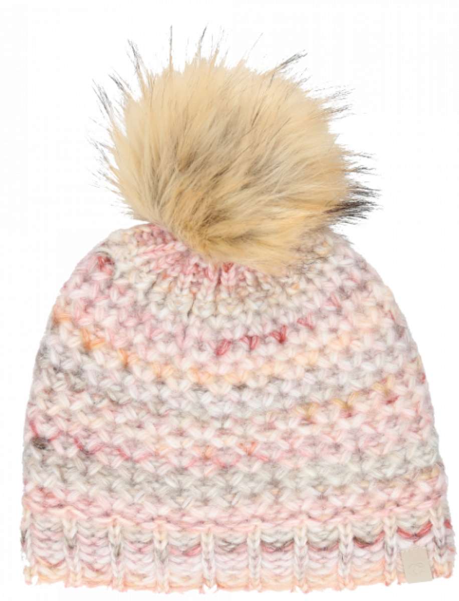 Chaos Ladies Laila Pom Beanie 2024 - A light pink beanie with a large, fluffy tan-colored pom-pom on top.