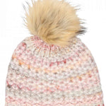 Chaos Ladies Laila Pom Beanie 2024 - A light pink beanie with a large, fluffy tan-colored pom-pom on top.