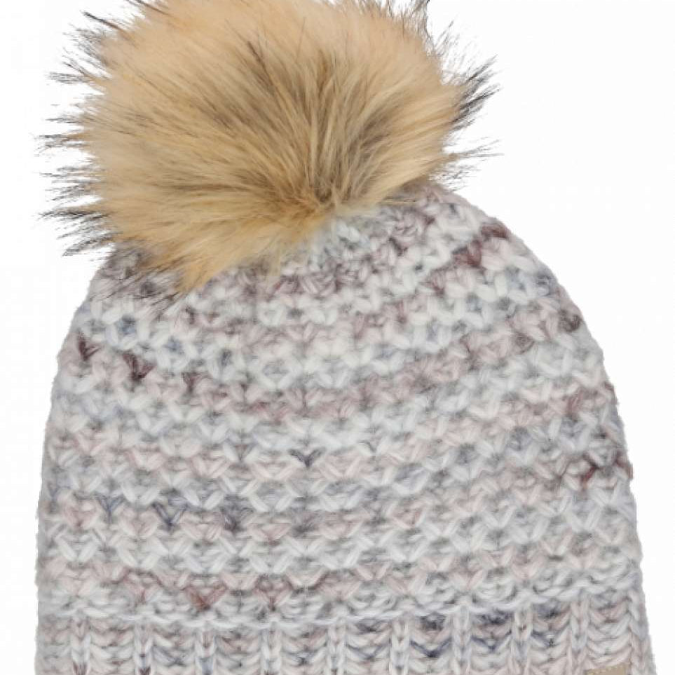 Chaos Ladies Laila Pom Beanie 2024 - A light-colored beanie with a large, fluffy tan pom-pom on top.