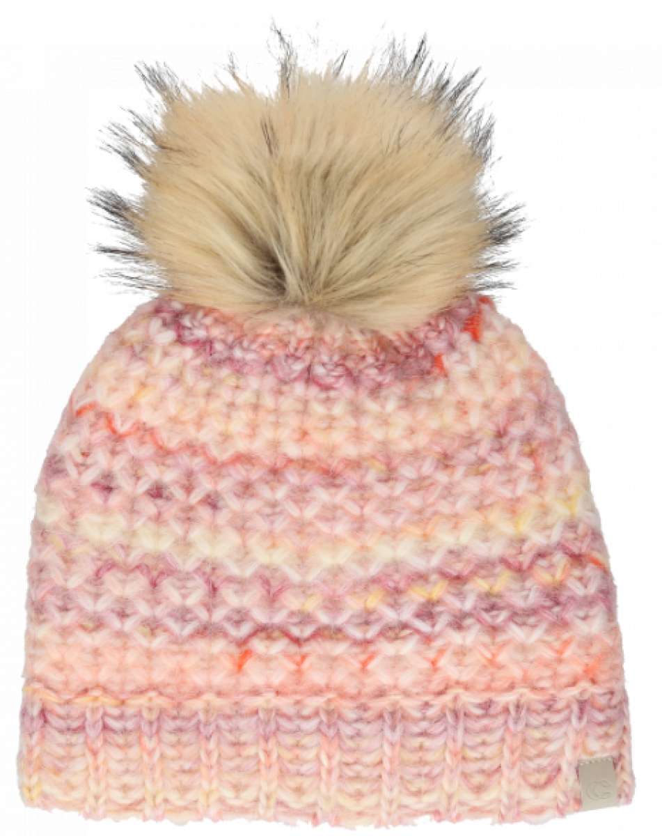Chaos Ladies Laila Pom Beanie 2024 - A pink beanie with a large, fluffy pom-pom on top.
