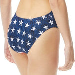 TYR Ladies' Star Spangled Cutoutfit Swimsuit - A navy blue swimsuit with white stars and red trim, featuring cutouts on the sides.