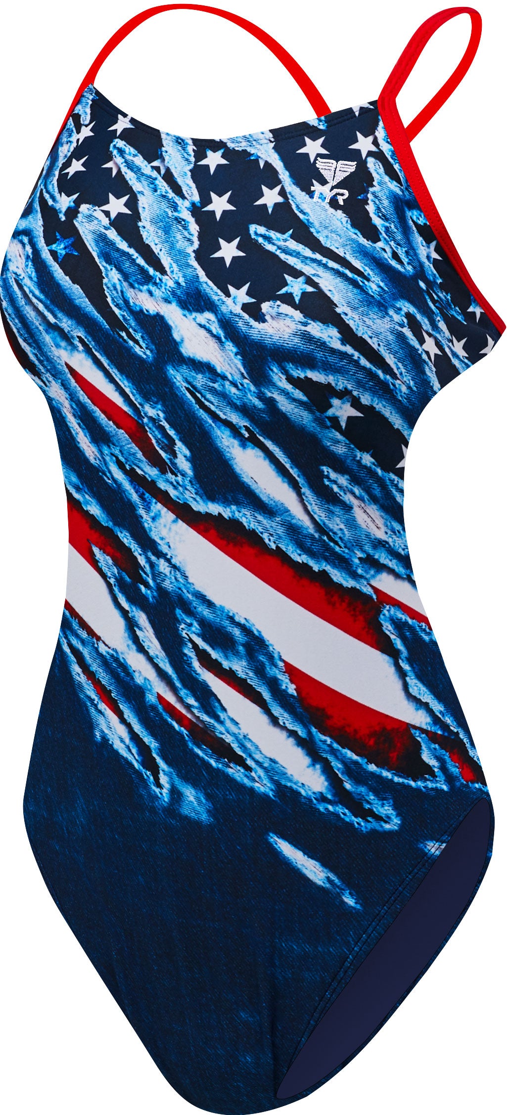 TYR Ladies' USA: Live Free Cutoutfit One-Piece Swimsuit - A navy swimsuit with white stars and red trim, featuring a cutout design on the sides.