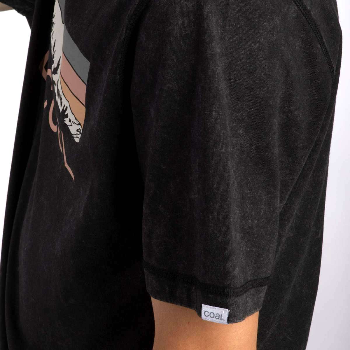 Coal Baker Short Sleeve Tee 2023 - A black t-shirt with a white graphic of two wolves' heads facing each other on the front.