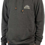 Coal Cultus Hoodie 2023 - A dark gray hoodie with a white logo on the chest and brown drawstrings.