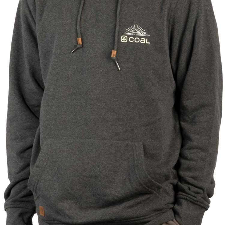 Coal Cultus Hoodie 2023 - A dark gray hoodie with a white logo on the chest and brown drawstrings.