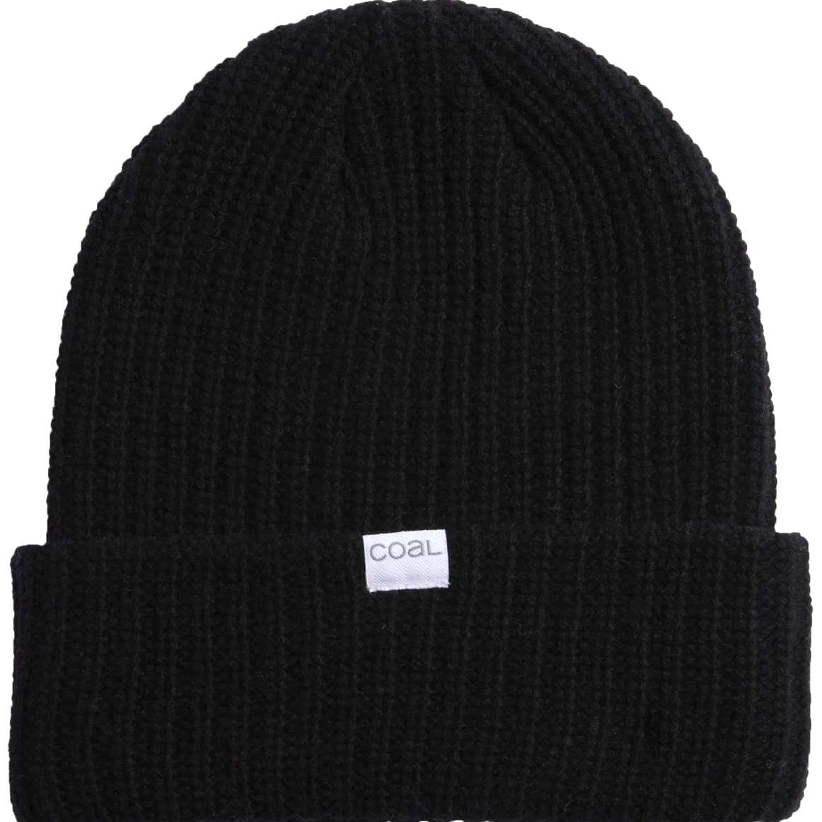 Coal Dan Mid Length Beanie 2023 - A black beanie with a white rectangular label featuring the word "COAL" in gray letters.