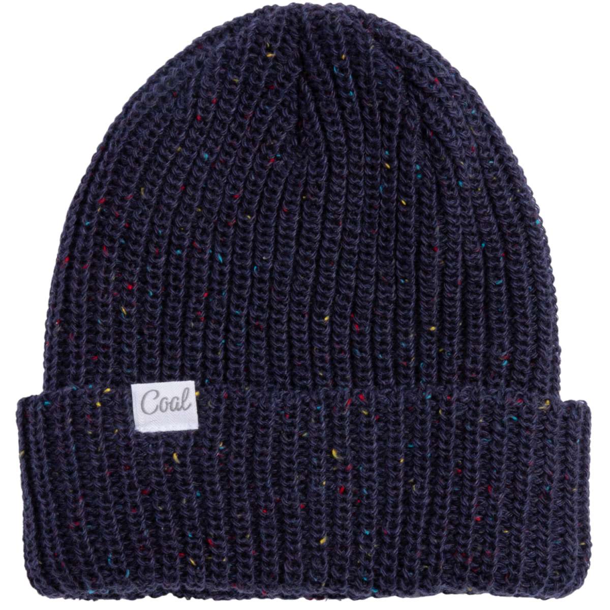 Coal Edith Speckle Knit Beanie 2024 - A navy blue knit beanie with multicolored speckles and a white label that says "Coal" in gray cursive font.