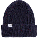 Coal Edith Speckle Knit Beanie 2024 - A navy blue knit beanie with multicolored speckles and a white label that says "Coal" in gray cursive font.