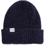 Coal Edith Speckle Knit Beanie 2024 - A navy blue knit beanie with multicolored speckles and a white label that says "Coal" in gray cursive font.