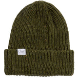 Coal Edith Speckle Knit Beanie 2024 - A green knit beanie with multicolored speckles and a white label that says "Coal" in cursive font.