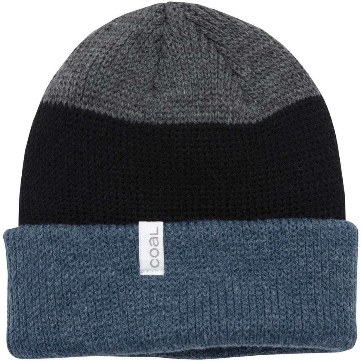 Coal Frena Low Profile Beanie 2023 - A black beanie with a gray stripe on top and a white tag that says "coal" in gray letters.