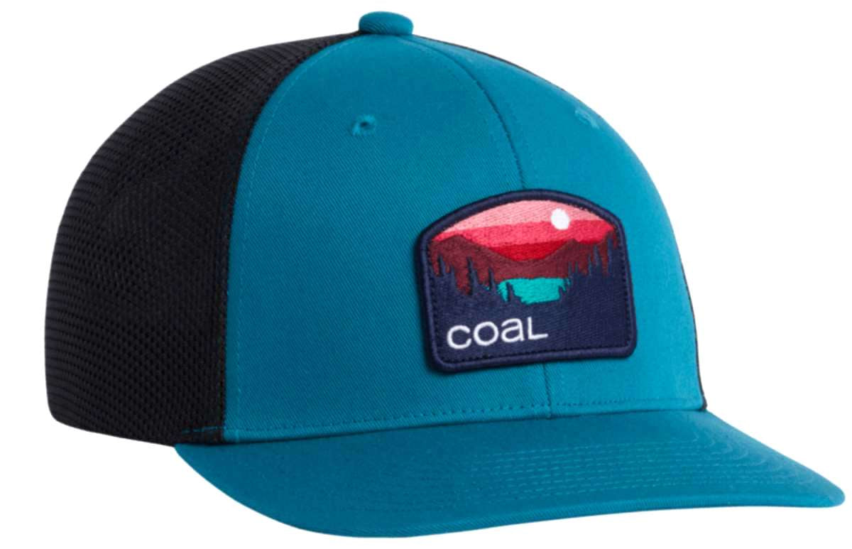 Coal Hauler Low One Cap 2024 - A blue cap with a black mesh back and a rectangular patch on the front featuring a red sunset over mountains, with a green silhouette of a mountain range below it.