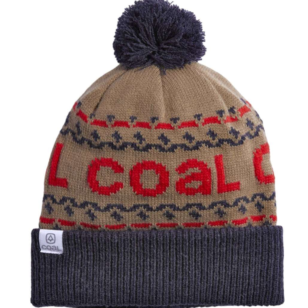 Coal Kelso Tall Pom Beanie 2023 - A tan beanie with a dark gray pom-pom on top and a repeating pattern of red and blue stripes around it.