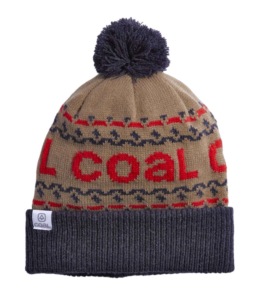 Coal Kelso Tall Pom Beanie 2023 - A tan beanie with a dark gray pom-pom on top and a repeating pattern of red and blue stripes around it.