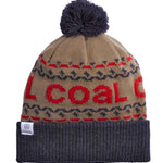 Coal Kelso Tall Pom Beanie 2023 - A tan beanie with a dark gray pom-pom on top and a repeating pattern of red and blue stripes around it.