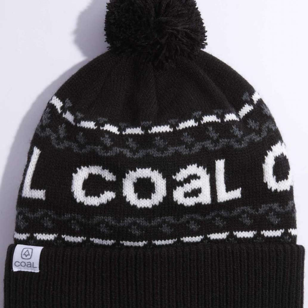 Coal Kelso Tall Pom Beanie 2023 - Black beanie with white lettering and a large black pom-pom on top.