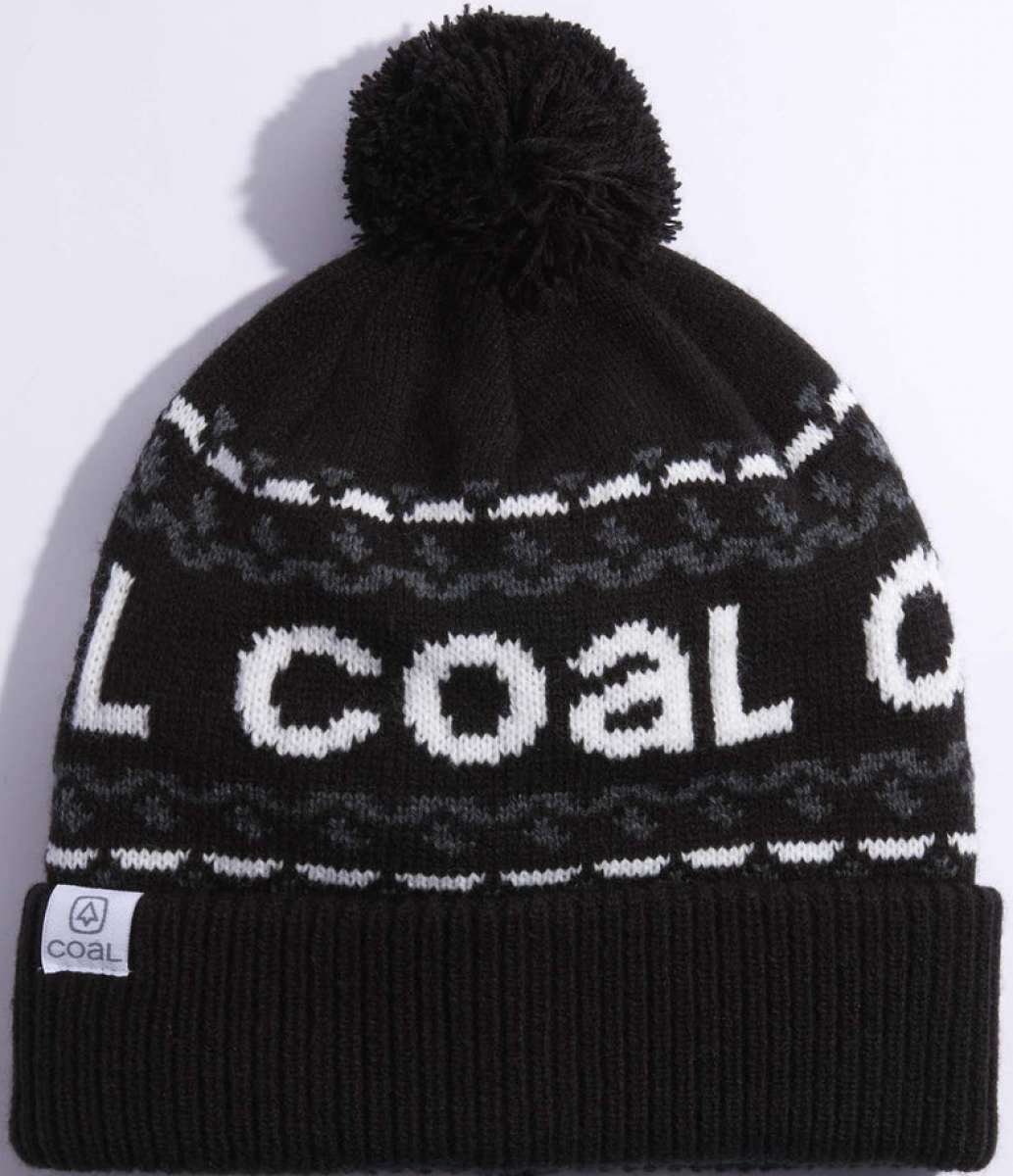 Coal Kelso Tall Pom Beanie 2023 - Black beanie with white lettering and a large black pom-pom on top.