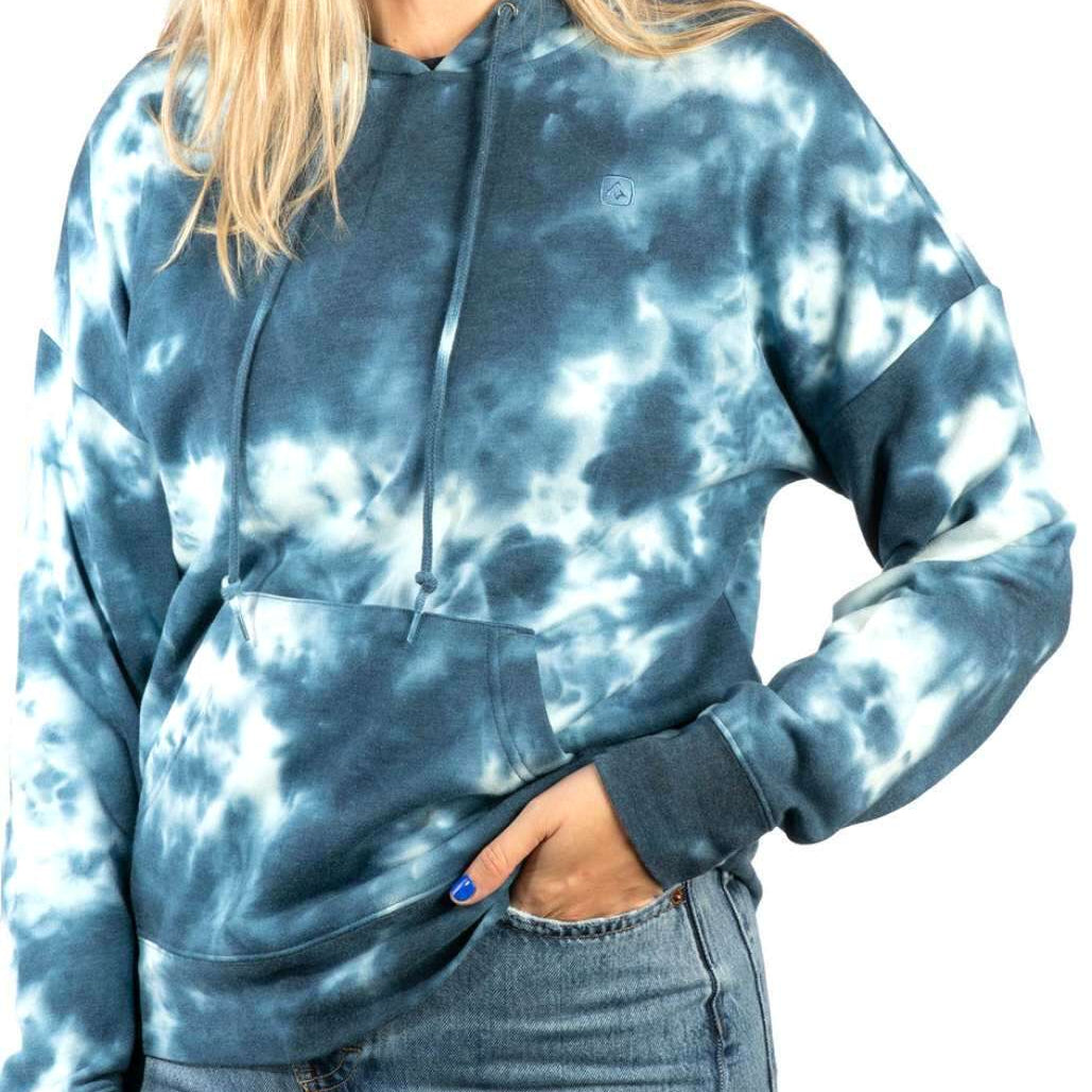 Coal Ladies Brin Hoodie 2023 - A blue tie-dye hoodie with a hood and drawstring, worn by a model with long blonde hair.