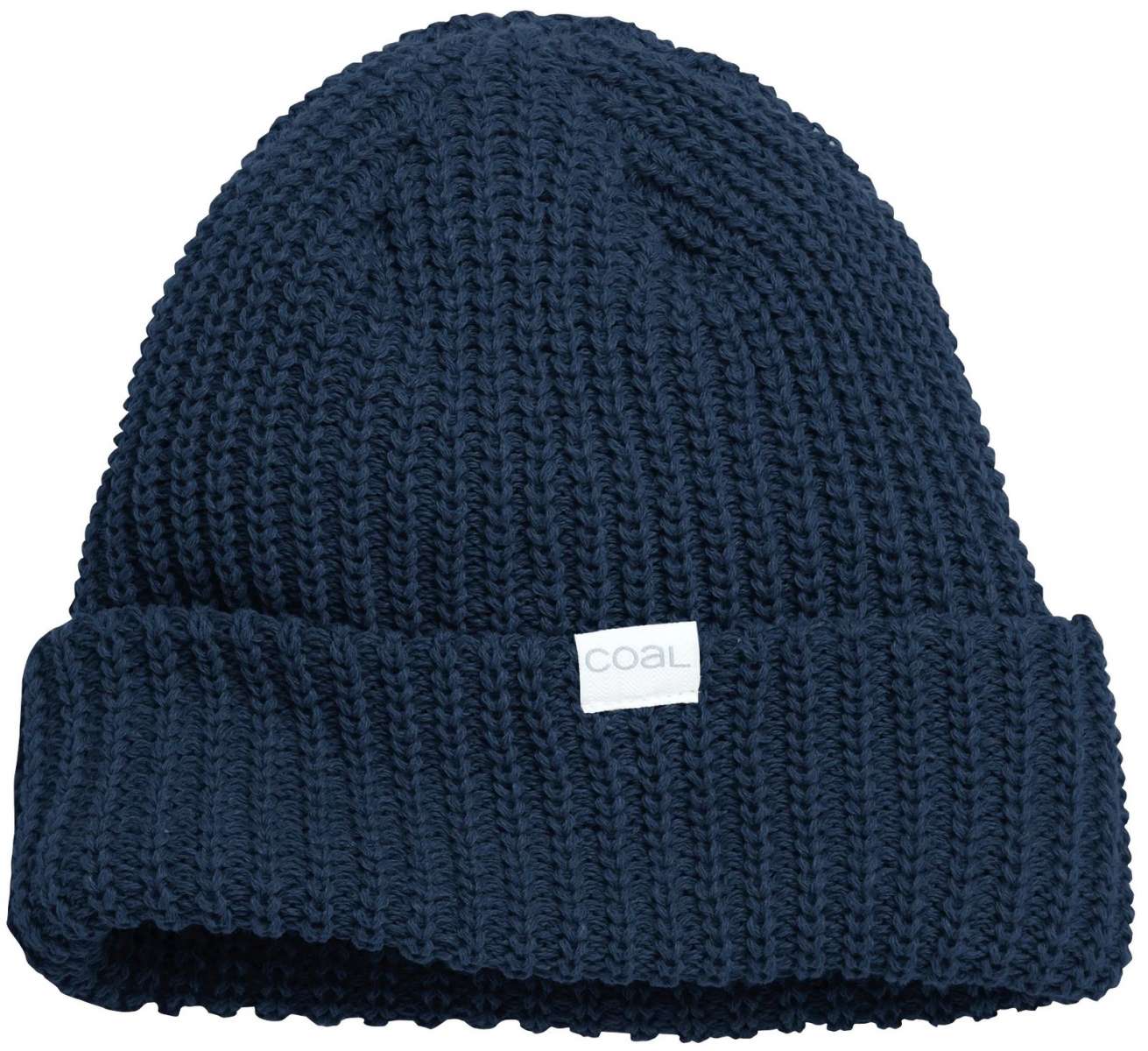 Coal Ladies Edith Mid Beanie 2023 - A navy blue beanie with a white label featuring the word "COAL" in gray letters.