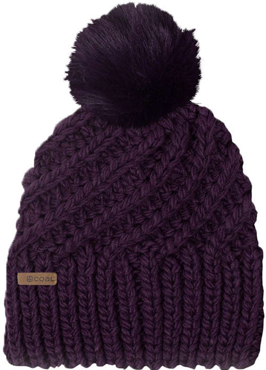 Coal Ladies Maizy Tall Pom Beanie 2023 - A dark purple beanie with a tall, fluffy black pom-pom on top.